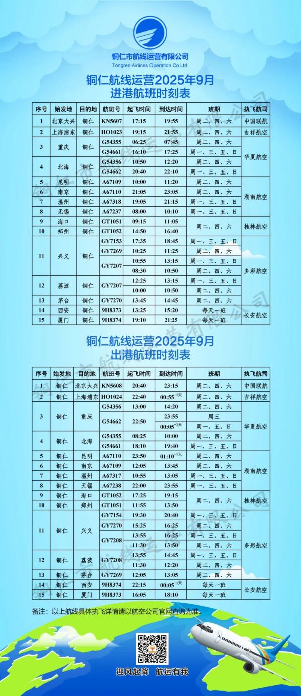 5條航線調(diào)整！銅仁2025年9月航班計(jì)劃來啦