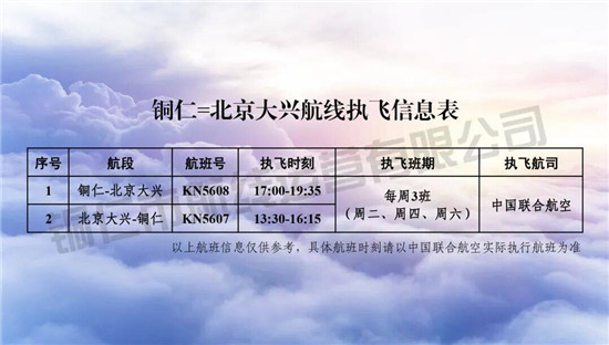 铜仁↔北京航线，执飞时间有调整