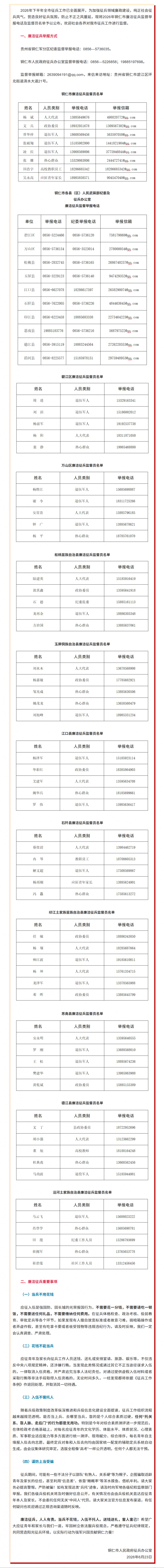 铜仁市2026年下半年廉洁征兵监督举报方式